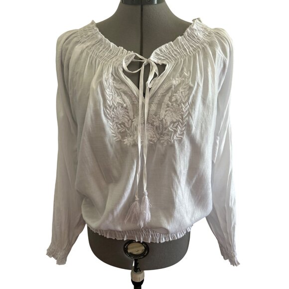 Isabella Rodriguez White Long Sleeve L Blouse Embroidered  Tassel Tie Closure - Picture 1 of 9